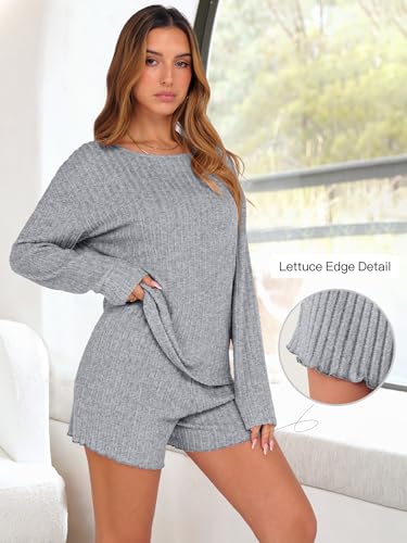 ANRABESS Women's 2 Piece Lounge Pajama Sets Casual Ribbed Long Sleeve Top Matching Shorts Sleepwear PJ Set 2026 Fall Outfits Medium Grey — view 3