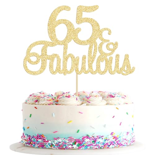 Gyufise 1Pcs 65 & Fabulous Cake Topper Gold Glitter Sixty Five and Fabulous Cake Toppers Happy 65th Birthday Cake Pick for 65th Wedding Anniversary Birthday Party Cake Decorations Supplies