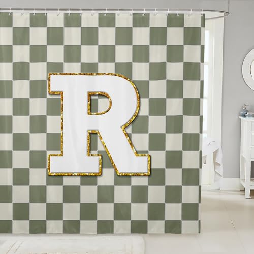 Image of Erosebridal Sage Green Checkered Bathroom Accessories Plaid Initial R Shower Curtain Personalized Monogram Bathroom Curtain for Kids Adults 72 inch Wx72 L Fashion Grids Gingham Shower Decor