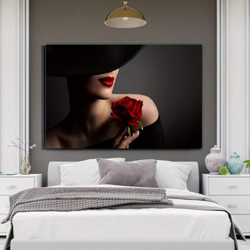 Toile murale femme avec rose rouge poster moderne 40x70 cm encadré