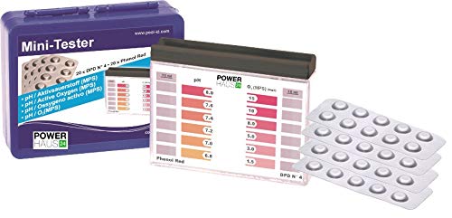 POWERHAUS24 Medidor de agua para piscina en caja de plástico estable para pH y oxígeno activo, con 40 tabletas, 20 x Phenol Red y 20 x DPD4