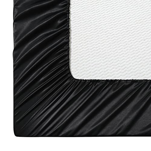 Counfeisly 3 Pieces Satin Sheets Set, Twin Size Luxury Silky Soft Satin Bed Sheets With 1 Deep Pocket Fitted Sheet, 1 Flat Sheet, 1 Pillowcase, Black #TOP5