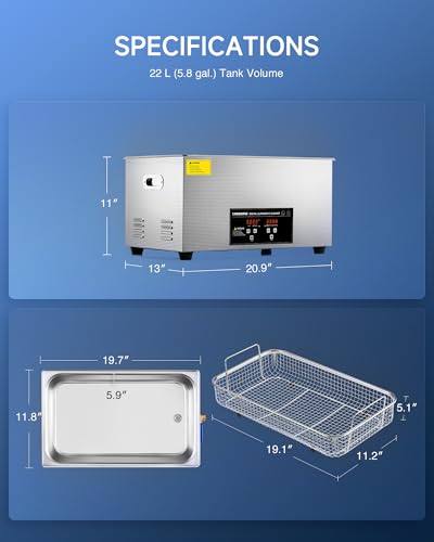 CREWORKS 22L Digital Ultrasonic Cleaning Machine with Heater and Timer, 480W Stainless Steel Ultrasonic Cleaner Machine, 5.8 gal Ultrasonic Parts Cleaner for Retainer Glasses Auto Tool Machine Part - Thumbnail 7