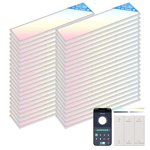 AIKVSXER 42 Pack 1x4 FT LED Flat Panel Light Surface Mount, with Wireless Switch & App Control, Night Mode, 50W 5500LM, 3000K/4000K/6500K, Ultra-Thin LED Light for Office Home,120-277V - Whi