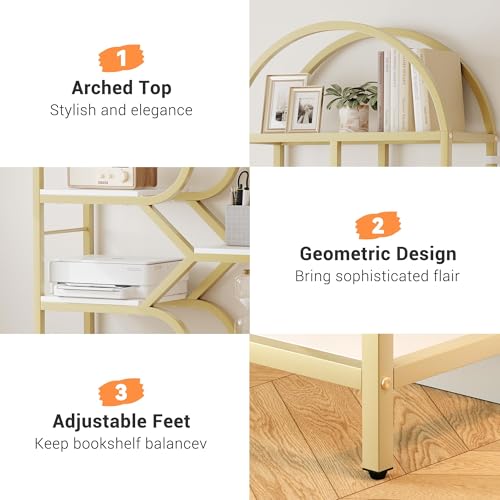Garvee Bookshelf 6 Tier Arched, Bookcase 82 Inch Tall Display Racks, Geometric Open Storage Shelf, Book Rack Metal Frame Large Modern Bookshelf for, Living Room, Home, Office, Gold+White