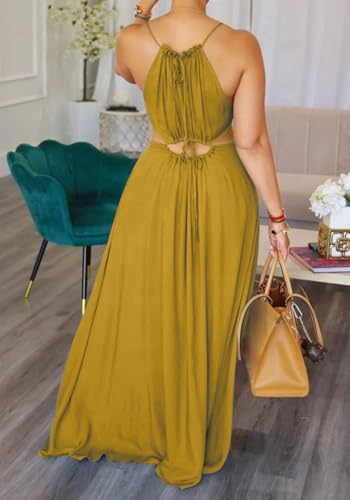 Image of Geulis 2026 Women Summer Beach Dresses Sexy Cut Out Sleeveless Spaghetti Strap Halter Dress Flowy Maxi Vacation Dress