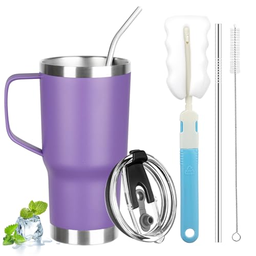 Image of 20 oz Tumbler with Handle, Stainless Steel Insulated Tumbler with Lid and Straw, Double Wall Vacuum Coffee Mug Tumbler, Insulated Coffee Thermal Cup for Cold and Hot (Purple)