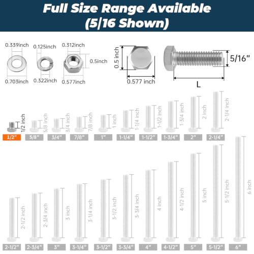 Image of 10 Sets Glvaner 5 /16-18 x 1 /2 inch Stainless Steel Hex Head Screws Bolts, Nuts, Flat & Lock Washers, 18-8 (304) Stainless Steel, Full Thread, Coarse Thread