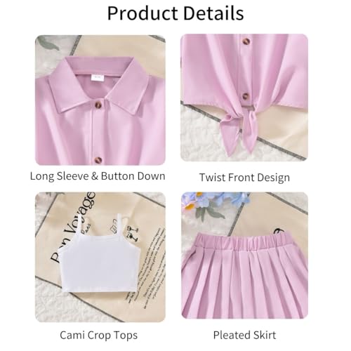 Image of HIHA Girls 3 Piece Outfit Cami Crop Tops Skirt Set with Button Down Shirts Size 6-12