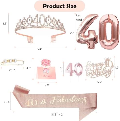 8pcs 40th Birthday Decorations gifts for Women, Including 40th Happy Birthday Cake Topper, Queen Sash with Pearl Pin, Sweet Rhinestone Tiara Crown for Women, Number Candles and Balloons (Rose Gold) - 1