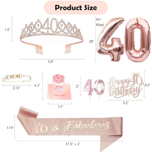 8pcs 40th Birthday Decorations gifts for Women, Including 40th Happy Birthday Cake Topper, Queen Sash with Pearl Pin, Sweet Rhinestone Tiara Crown for Women, Number Candles and Balloons (Rose Gold)