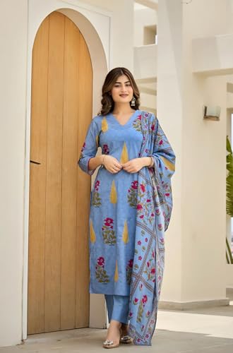 Image of GoSriKi Women's Rayon Viscose Printed Straight Kurta with Pant & Dupatta