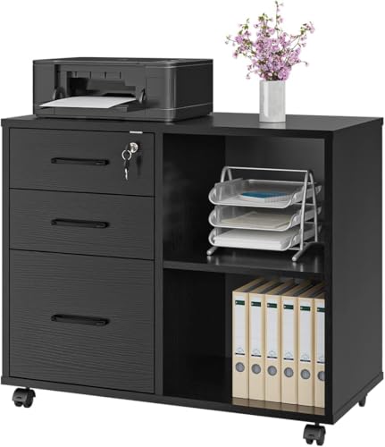 Wood File Cabinet, 3 Drawer Mobile Lateral Filing Cabinet On Wheels, Printer Stand With Open Storage Shelves For Home Office (Black with lock)