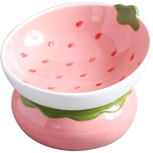 Lekolock 陶磁器の足の高い猫碗のファッションアイデアかわいいオレンジのペットが水を飲んで食事をして背骨のペット用品を保護する (イチゴ)