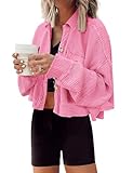 Panadila Womens Cropped Jacket Waffle Knit Shacket Trendy Button Up Shirts 2024 Long Sleeve Tops(Pink,S)