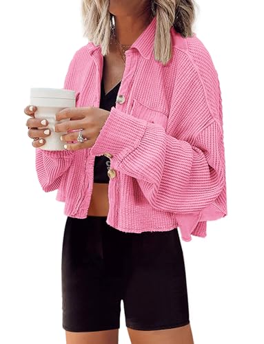 Image of Panadila Women's Cropped Waffle Knit Shacket Short Button Down Jacket Batwing Sleeve Shirts with Pocket