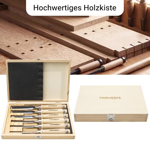 TOOLMAYS Stechbeitel Set für Holz, 6-teiliger Stemmeisen Set mit Schleifstein, Holzmeiselset Härte bis zu HRC 63
