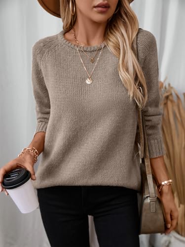 Image of Women Casual Long Sleeve Fall Sweaters Crew Neck Solid Color Soft Ribbed Knitted Curling Pullover