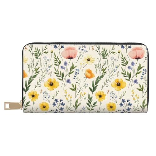 Leather Thin Slim Wallets for Women Men - Fashion Pink Yellow Flower Print Card Wallet Holder with Zipper
