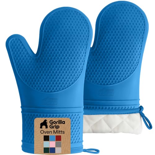 Image of GORILLA GRIP BPA-Free Soft Silicone Oven Mitts, 550F Heat Resistant Waterproof Cooking Safety Gloves, Thick Cotton Lining, Flexible Gripping for BBQ Grilling, Kitchen Potholders Set, 12.5x8.3, Aqua