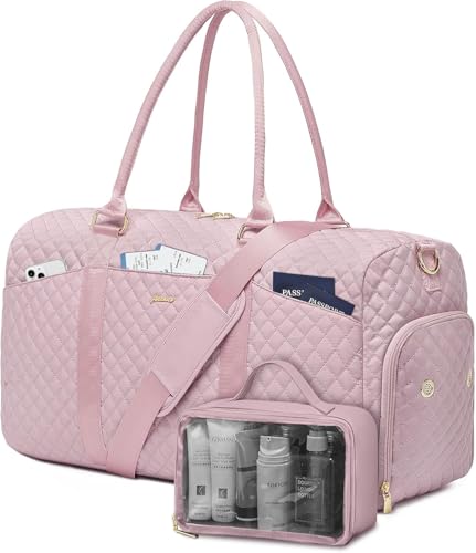 Image of Women Weekender Travel Duffle Bag: Travel Duffel Overnight Bags with Shoe Compartment Large Carry on Tote with Toiletry Bag Weekend Traveling Yoga Gym Hospital Bag for Women with Wet Pocket Pink