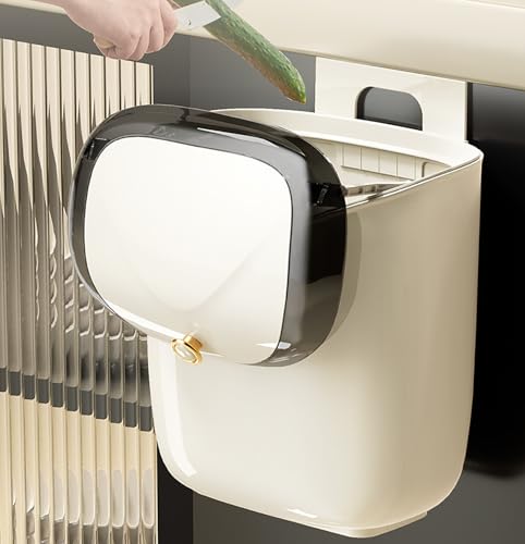 Image of House of Quirk Plastic Hanging Trash Can With Lid, Open Lid Design, Dual Sided Cabinet Door Hanging Wall Storage Bucket for Kitchen (7 Litre, Cream)
