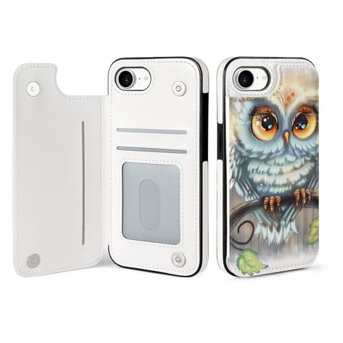 Étui portefeuille iPhone 16 E hibou en cuir avec fentes pour cartes