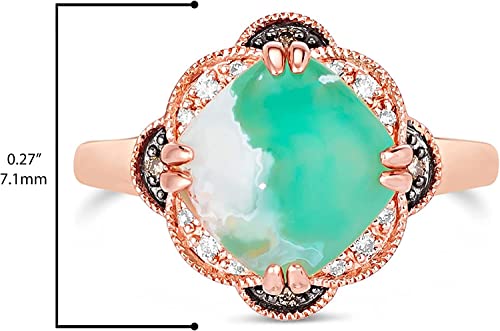 3 1/4 Carat Cushion Shaped Green Aquaprase Cabochon White Topaz And Smoky Quartz Milgrain Flower Statement Ring For Women In 14K Rose Gold Plated 925 Sterling Silver Promise Ring Size 8 By Levian #TOP4
