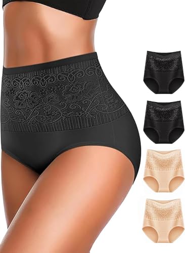 Image of Women's Lace Trim High Waisted Cotton Underwear Full Coverage Ladies Panties Tummy Control Briefs 4 Pack