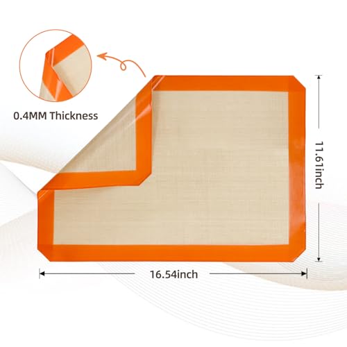 Luckyiren Silicone Baking Mat, Set of 2 Baking Pads Cookit Sheet, Non-Stick Oven-Bake Cover Runner for Making Macaroons, Cookies, Easy Clean & Reusable, 16.5 inch by 11.7 inch, Beige/Oragne, 4mm