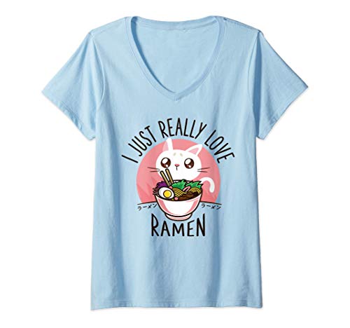 Mujer Love Ramen Japanese Noodles Shirt Kawaii Anime Cat Gifts Camiseta Cuello V