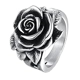 HIJONES Hombres Mujer Acero Inoxidable Anillo de Boda Grabado Estilo Cóctel con Rosa En Plata Antigua Plata Talla 27