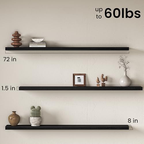 Image of Fun Memories 72Inch Long Floating Shelves, 8 Inch Deep Shelves for Bedroom|Living Room, Wall Mounted Wood Hanging Shelf with Invisible Brackets for Fireplace Mantel Home Storage Decor, Black - 1 Pack