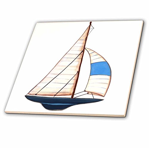 3dRose Nautical Blue and White Sailboat Illustration Ceramic Tile, 12