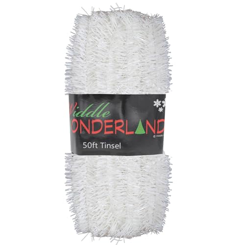 Widdle Gifts 50ft x 3cm White Tinsel Extra Long 15 Metre Christmas Decoration, Crafting, Christmas Trees and party Decorations (White)