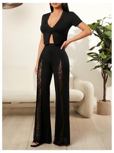 Verdusa Women's Lace Pants Flared Elegant Floral High Waisted Bell Bottoms Trousers4