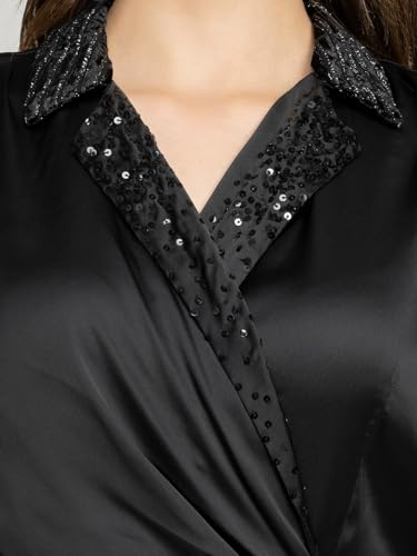 Image of SHAYE Lapel Collar Black Sequinned Short Sleeves Party Wrap Dress for Women