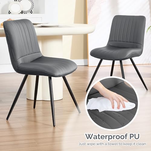 Image of Dining Chairs Set of 2, Modern Dining Chairs with Thick Cushions, PU Leather Upholstered Kitchen Dining Room Chairs with Metal Legs for Dining Living Room (Dark Grey)