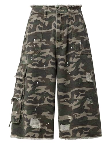 Aelfric Eden Camo Cargo Baggy Denim Shorts Distressed Paint Splatter