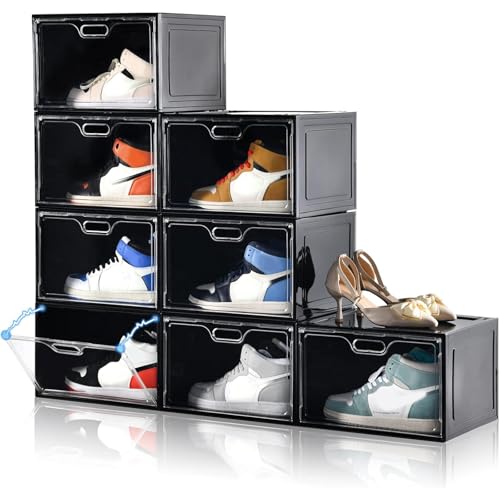 Image of 8 Pack Drop Side Shoe Boxes, Large Stackable Shoe Storage, Thick Plastic | Sneaker Storage with Magnetic Door, Shoe Organizer for Closet, Sturdy Shoe Containers, Sneaker display Case Fit up to Size 13