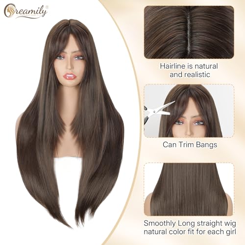 Image of Creamily Long Straight Layered Brown Wig for Women 24 Inch Synthetic Hair Full Head Wigs for Women with Bangs for Party Cosplay (Brown, 24 Inch)
