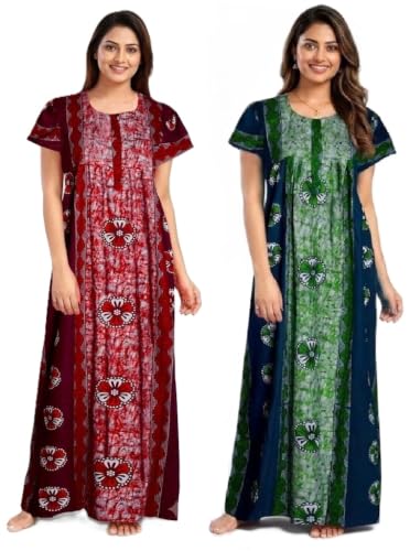 Image of Keyocean Women's Cotton Printed Maxi Nighty, Full Length Night Gown for Women, Comfortable Nightwear and Sleepwear, Free Size, Pack of 2