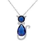 EleQueen 925 Sterling Silver Cubic Zirconia Cute Kitty Cat Rolo Chain Pendant Necklace for Women Cat Lovers Sapphire Color