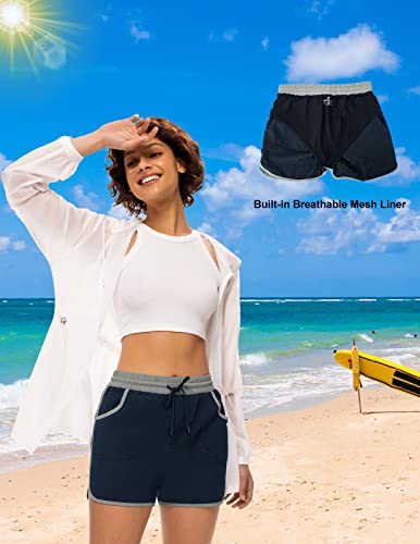 Women's Board Shorts Built In Panty Quick Dry Drawstring Sports Summer Bottom Swim Shorts With Pocket (Dark Blue S) #TOP1