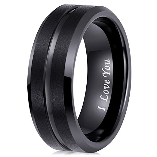 LaurieCinya Tungsten Carbide Ring Men Women Wedding Band Engagement Ring 8mm Comfort Fit Engraved ‘I Love You’Black