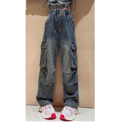 Girls Baggy Wide Leg Cargo Jeans High Waist 𝐅𝐥ap Pocket Trousers Kids Straight Leg Streetwears with Multi Pokets4