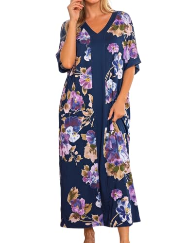 Image of Bloggerlove Women Nightgowns Cotton Caftan House Dress Short Sleeve Sleepwear Vacation Beach Moo Moos Dress with Pockets