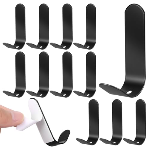 Ptwola 12 Pack Black Adhesive Hooks Wall Hooks Heavy Duty Hook Holder Stainless Steel Adhesive...