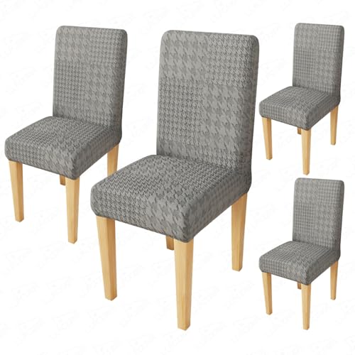 Image of Lukzer Elastic Dining Chair Cover - 4PC Pastel Dark Grey Square Knit | Textured High Stretch Jacquard Seat Cover | Removable Washable Short Dining Chair Cover Protector Seat Slipcover | (CC-178-04)