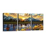 3 Pieces Mountain Canvas Wall Art for Living Room Nature Landscape Picture Sunflower Wall Decor for Bedroom Home Decoration Sunrise Grand Teton National Park Painting Framed Artwork - 12' x 16' x 3